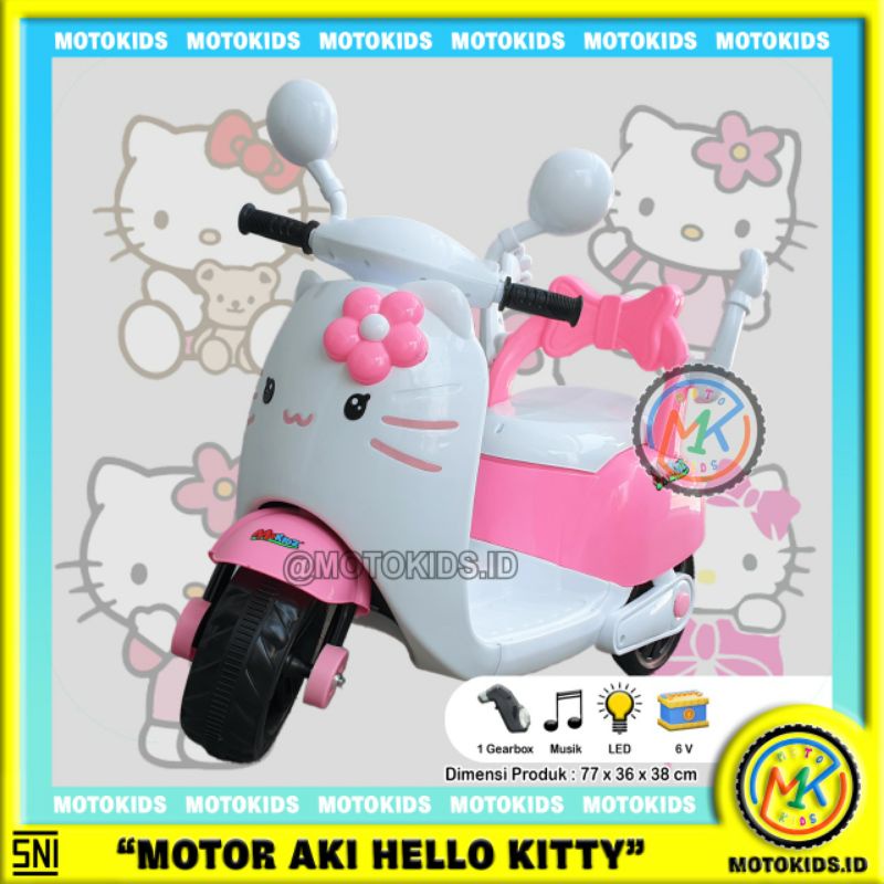 MAINAN MOTOR AKI ANAK KARAKTER VESPA HELLOKITTY PINK dan Si Kuning MICKEY MOUSE MINNIE MOUSE MOKIDZ 