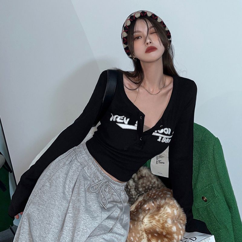 ☍Suhao Pure Desir Angin Kemeja Pakaian Wanita Musim Gugur 2022 Baru Ketat Pendek Lengan Panjang T-shirt Perempuan Panas gadis Top In Tide