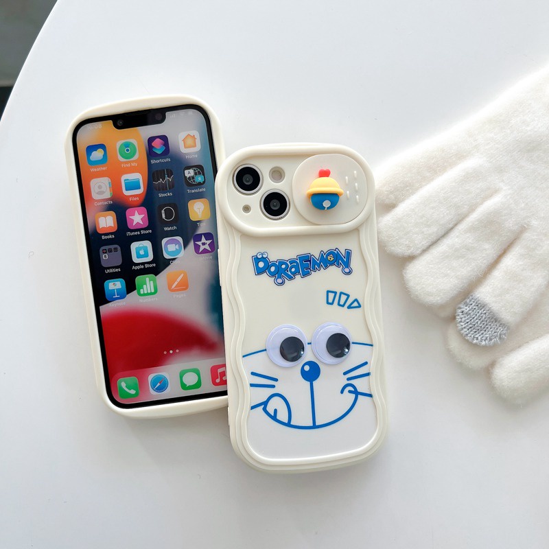 Eyes Move Doraemon Doll Push The Window Cover Soft Case iP iPhone 11 12 13 14 Pro Max + Plus Wavy Casing Apple