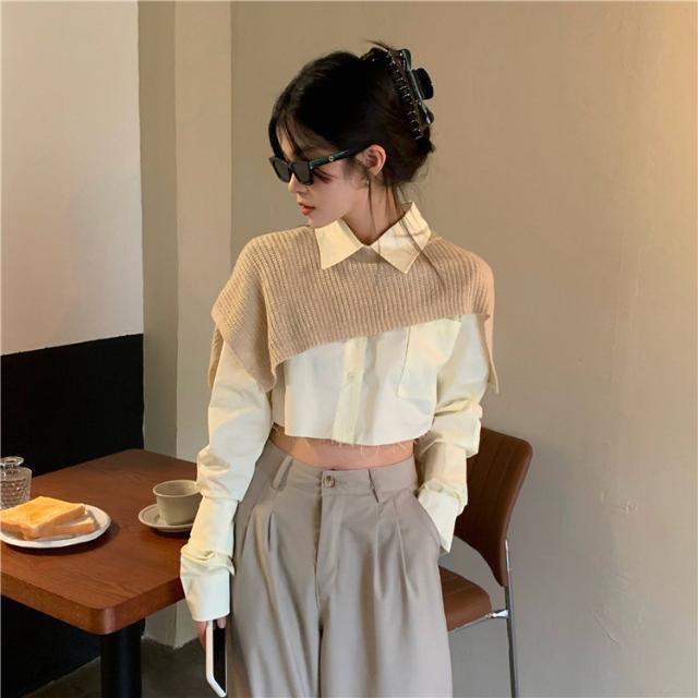 Suhao musim gugur setelan dua potong gaya Korea ceruk desain selendang top longgar bagian pendek all-match kemeja lengan panjang fashion wanita