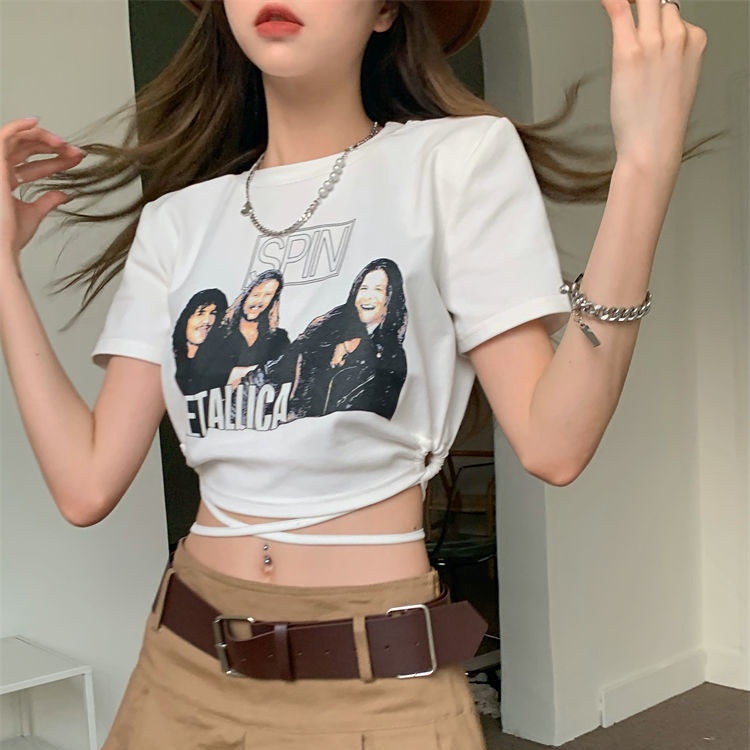 ✓♘✔Suhao manis keren hot gadis ramping pendek bahu t-shirt desain rasa tali pencetakan musim panas lengan pendek tidak teratur top wanita tren