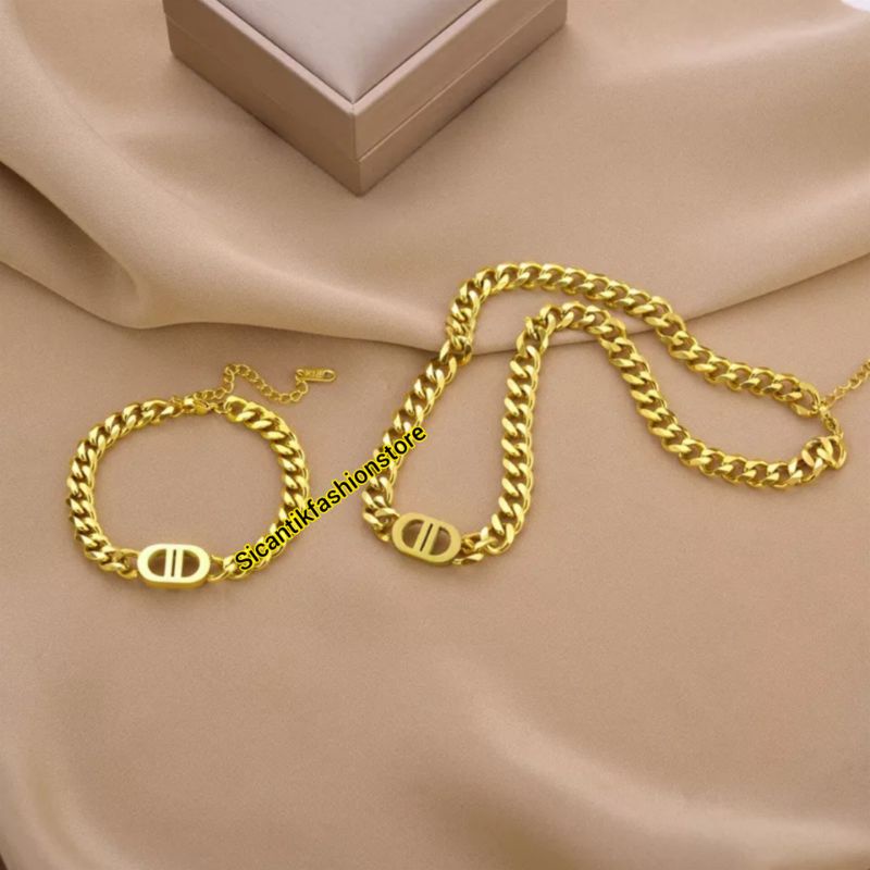 SET PERHIASAN WANITA PERHIASAN SET WANITA Kalung Titanium Trending Lapis Emas 18K Sisik Naga Vintage Fashion Style Kalung Wanita Rantai Padat Gold Terbaru Terlaris Anti Karat Selamanya