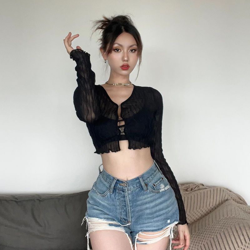 ◇☏✿Suhao Sisjune Eropa dan Amerika Hot Girls Seksi Mesh Lengan Panjang T-shirt Wanita In All-Match Tombol Slim fit Slim Cardigan Top