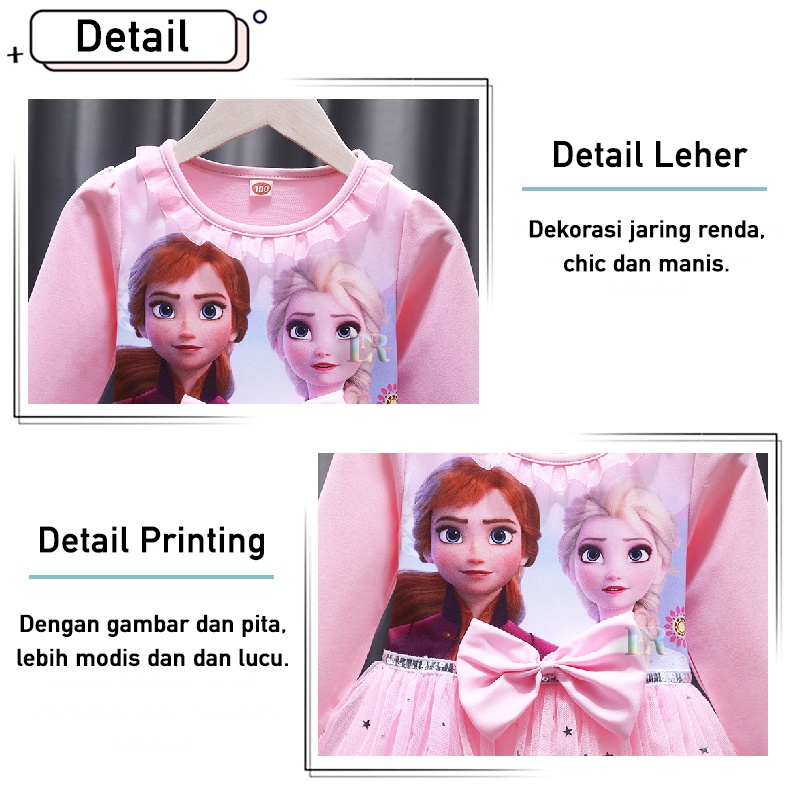 LNR Shop Free Tongkat Sihir + Mahkota Gaun Musim Gugur Anak-anak untuk Anak Perempuan Motif Frozen Elsa Lengan Panjang Dengan Rok Tutu Gaun Putri Carttom Frozen Elsa Gaun Pesta Pakaian Anak-Anak Gaun Summer