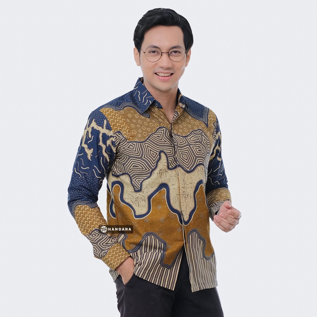 Baju Kemeja Batik Pria Lengan Panjang Slim Fit Premium Modern Full Furing Katun Halus Original Handara Motif Horizon II Mustard HB-299