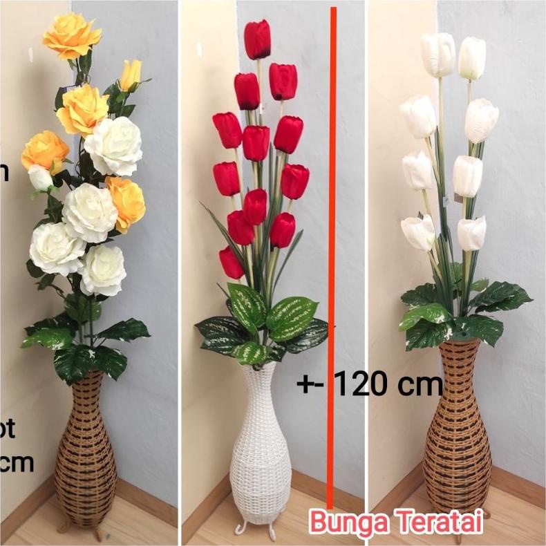 BUNGA TULIP 4/ROSE MATAHARI PLASTIK IMITASI HIAS DEKORASII ARTIFICIAL POT ROTAN SUDUT MONSTERA