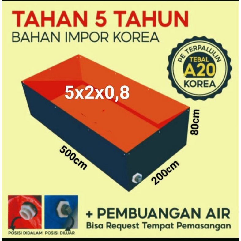 Terpal Kolam Terpal Ikan Kotak Kolam Terpal  Bahan A20 Korea 5x2x0,8 / 2x5x0,8 /500x200x80 / 200x500