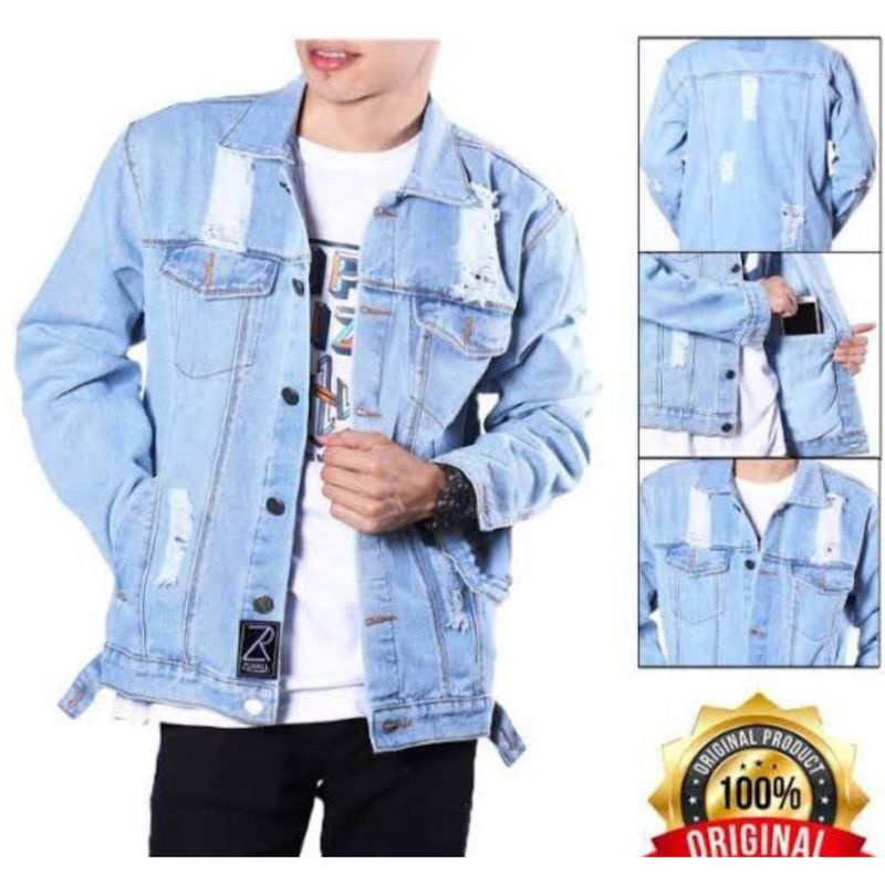 (COD) JAKET JEANS PRIA SOBEK MOTIP RIPPED MURAH GAYA WARNA BIRU MUDA & BIRU TUA BLITZ BIOWOSH M L XL