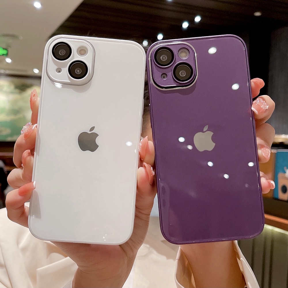 IPHONE Casing Handphone Kaca Anti Gores Untuk Iphone11 12 Pro Max13 14 Pro Max Case Warna Macaron Case Silikon Cair Untuk Iphone14Plus Casing Shockproof