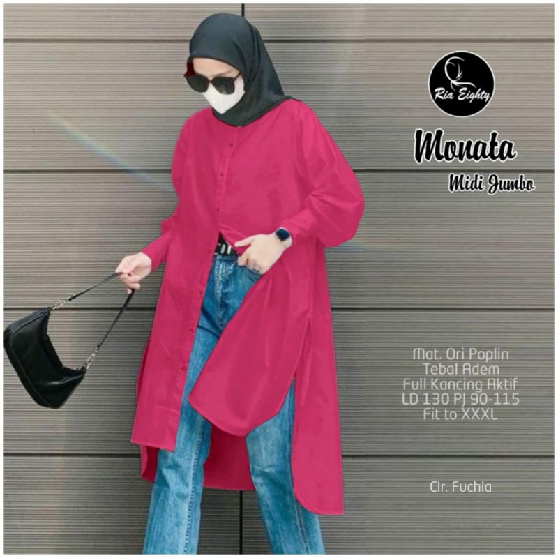 Monata Midi Tunik Kemeja Polos Fuchia Fanta Katun Poplin Ld 130 Oversize Jumbo Fit XXXXL By Ria