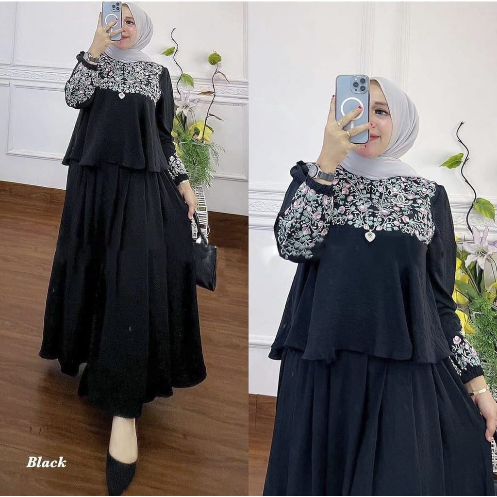 Setelan Wanita Jumbo Mozay Set Rok Setelan Wanita Kekinian Baju Muslim Wanita Bahan Crinkle AirFlow Aksen Bordir Bunga