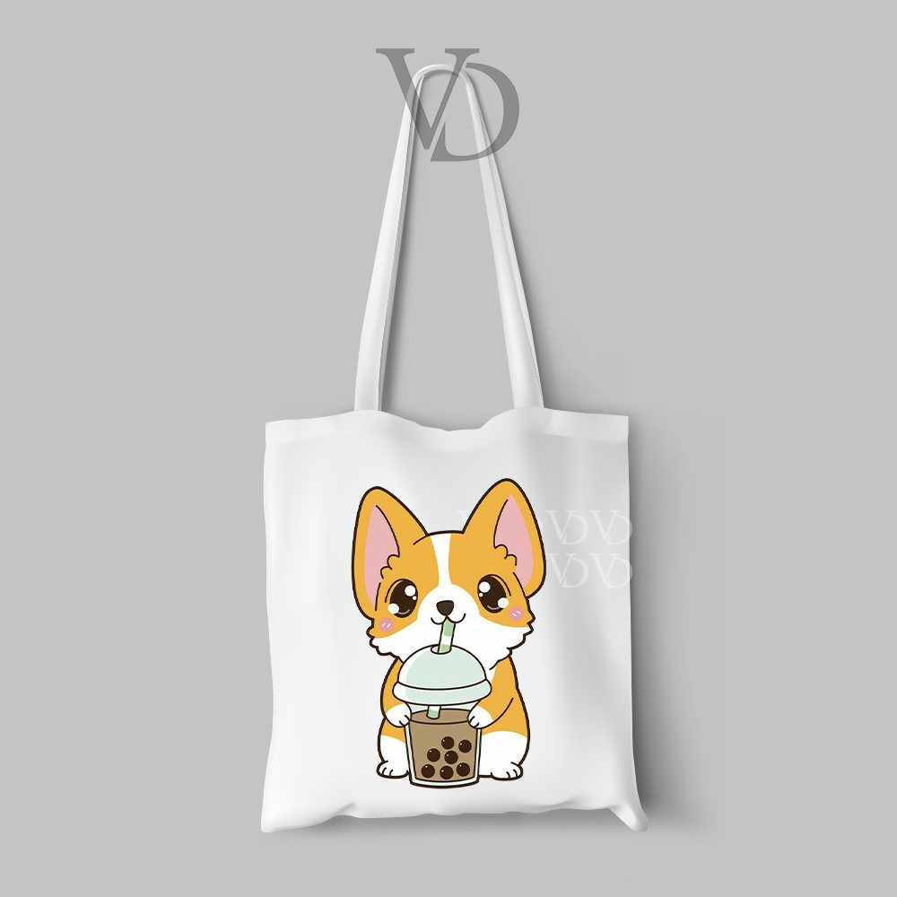 tote bag kanvas motif anjing corgy / totebag / tas belanja corgy cute