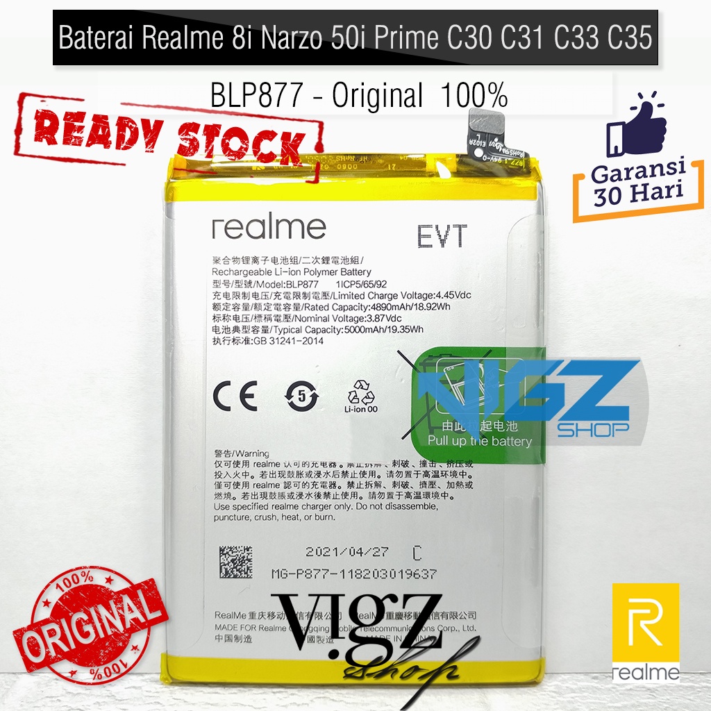 Baterai Realme 8i Narzo 50i Prime C30 C31 C33 C35 Narzo 50A Prime BLP877 Original 100%
