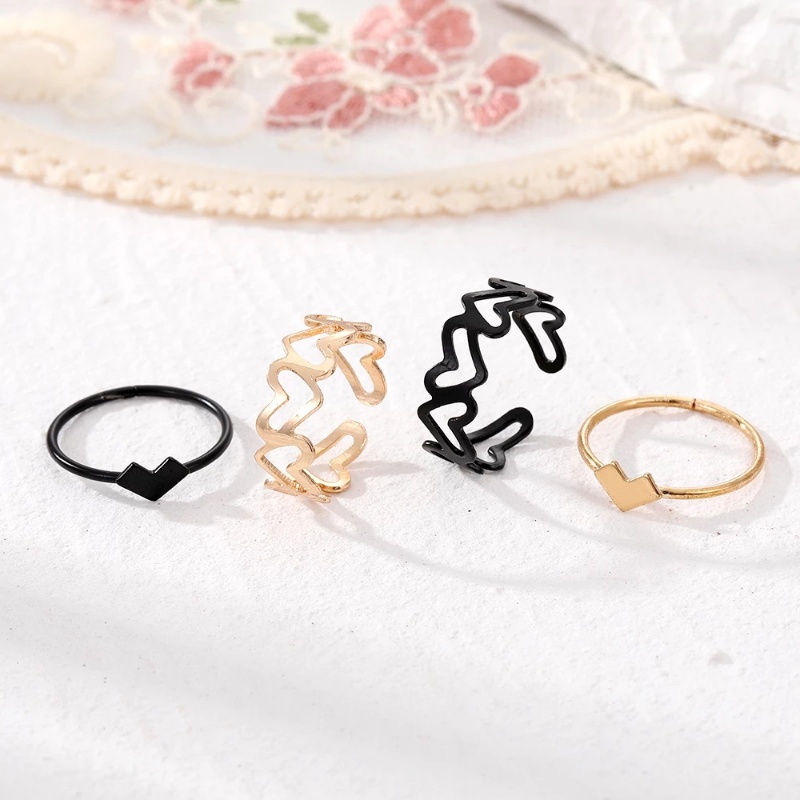 2pcs Set Cincin Couple Warna Hitam Emas/Wanita Perempuan Berbentuk Hati Cincin Terbuka Wanita