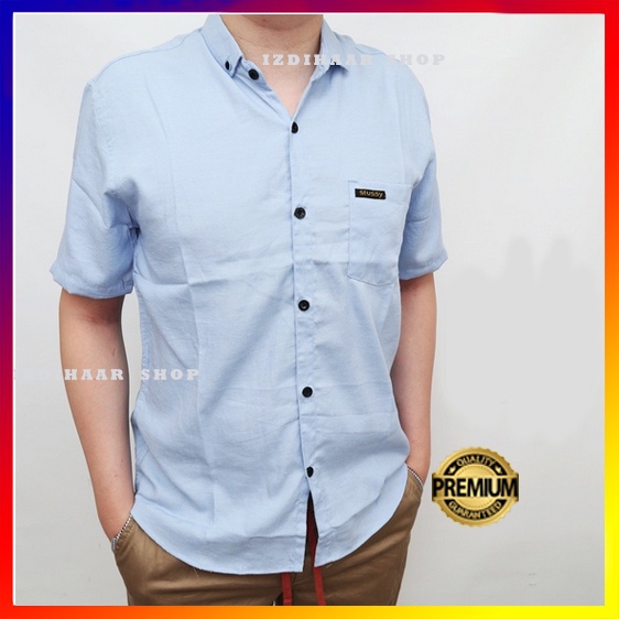 Kemeja Pria Lengan Pendek Polos Katun Soft Blue JUMBO XXXL