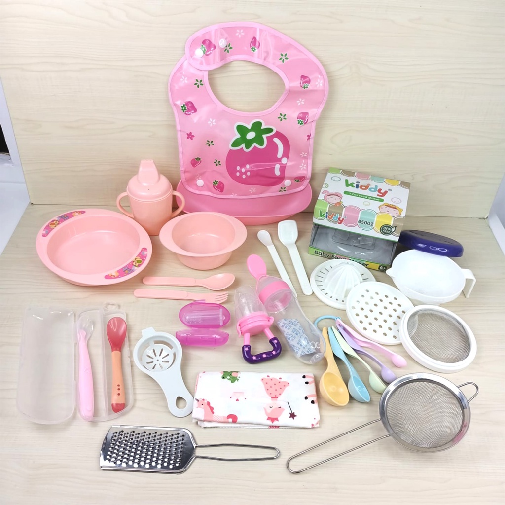 PAKET perlengkapan alat makan mpasi bayi celemek sendok mangkok baby feeder food maker