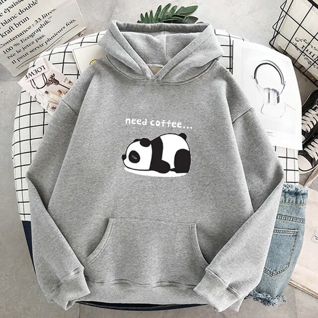 IvannaCollection Sweater Hoodie Oversize Jumbo Switer Hodie Couple Pasangan Jaket Hudie Couple Lucu Panda Need Coffee Size L - XXL