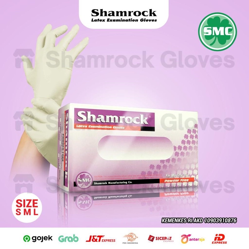 Sarung Tangan Karet Medis Shamrock Latex Examination Gloves Putih NON POWDER (isi 100pcs)