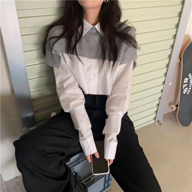 Suhao musim gugur setelan dua potong gaya Korea ceruk desain selendang top longgar bagian pendek all-match kemeja lengan panjang fashion wanita