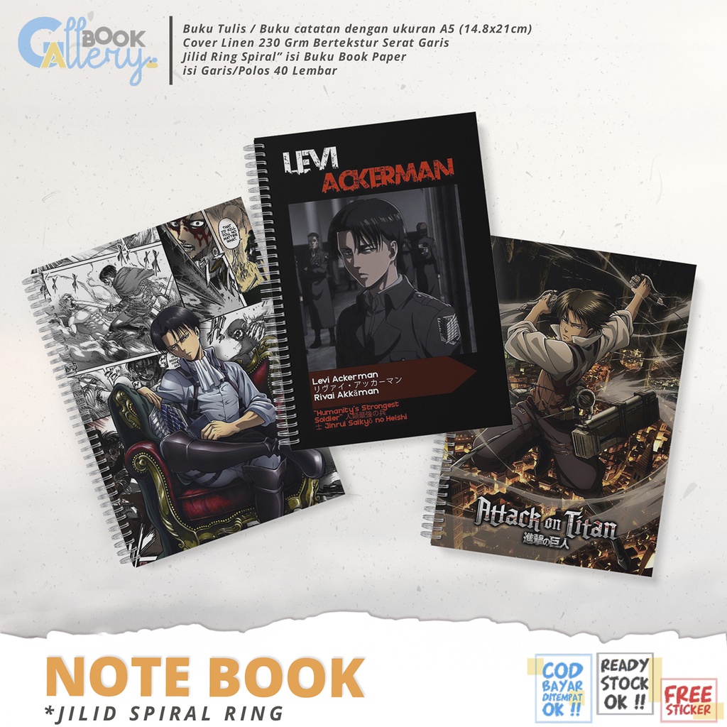 

[SP] Buku Tulis / Buku Catatan / Note book Anime Attack On Titan (Shingeki no Kyeojin), Levi Ackerman Jilid Ring Spiral Dengan isi Book Paper Garis/Polos 50 Lembar Free Poster dan Stiker Ukuran A5