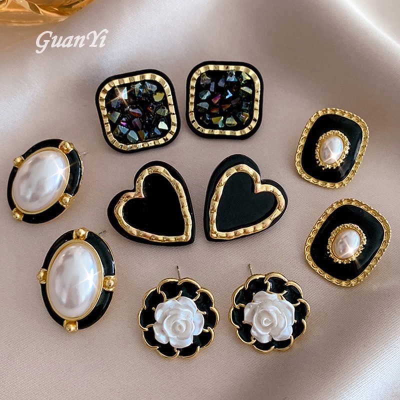 Anting Hitam Ladies Vintage Ao Dai Stud Earrings Musim Gugur Musim Dingin Anting Hijab