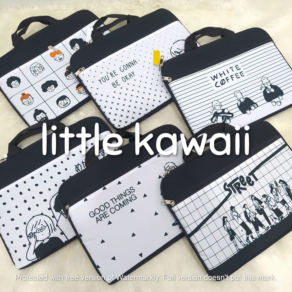 LK/Tas Laptop Case Black White Quotes Kantong Depan Mix 14 Inch