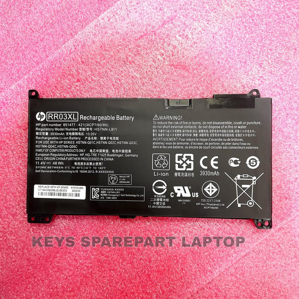 Baterai Battery Batre Laptop HP ProBook 430 440 450 455 470 G4 G5 RR03 MT20 RR03XL