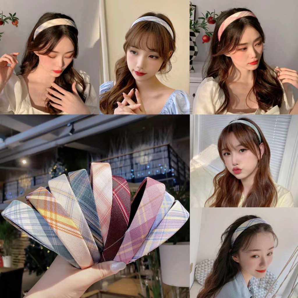 Bando Wanita Kotak-Kotak Gaya Korea Simple Dan Elegan Aksesoris Rambut Fashion