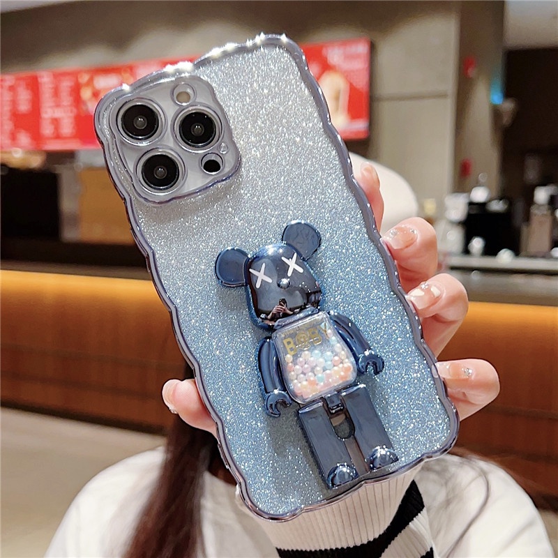 IPHONE Casing Ponsel Holder Beruang Glitter Gradasi Motif Gelombang Mewah Kompatibel Dengan Iphone14 13 12 11 Pro Max14 Plus Anti Jatuh Anti slip Soft Casing