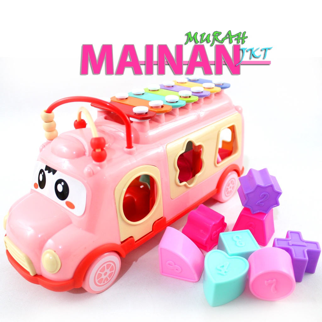 MAINANKEI MAINAN ANAK MURAH XYLOPHONE DUS MUSIK BUS YE19 MUSIK GAMBANG DAN BENTUK SHAPE PUZZLE MOBIL EDUKASI ANAK