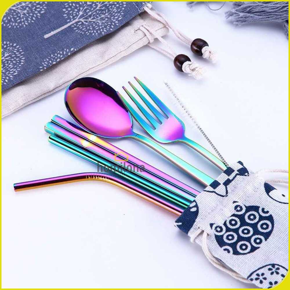 Tofok Cutlery Set Perlengkapan Makan Sendok Garpu Kitty Cloth Bag - T5