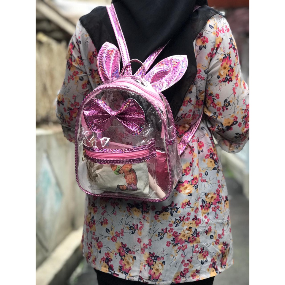 Tas Ransel Wanita Mini Bunny Pvc Transparant Hologram Tas Gendong Anak Remaja