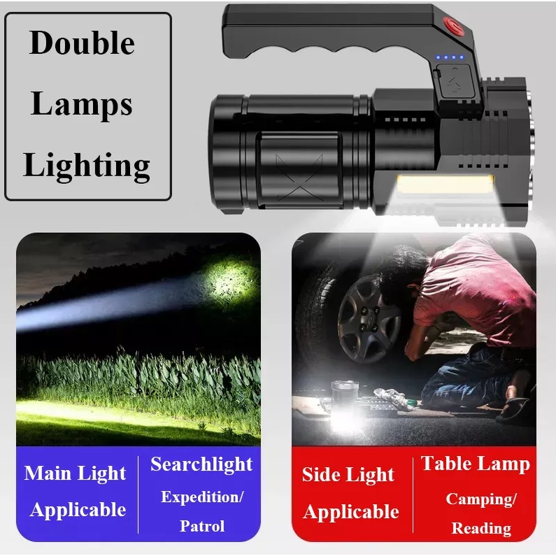 Senter LED Cas Super Terang 600Lumen + COB 4 Mode Emergency USB Recharge Anti Air
