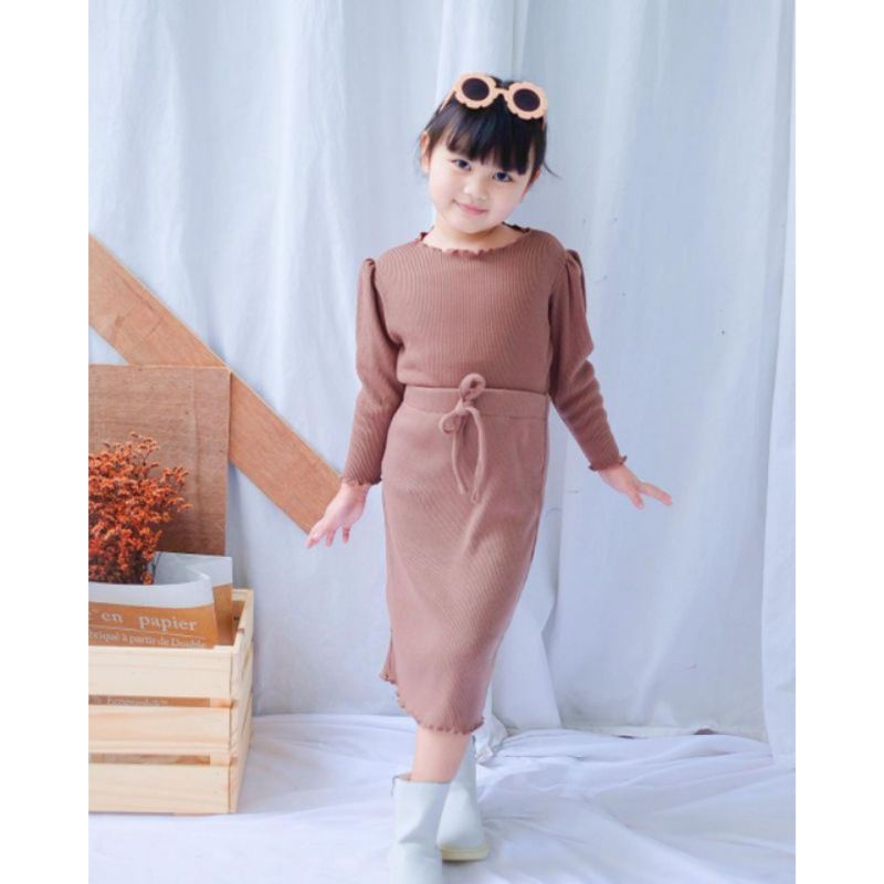 ROK SPAN Skirt Anak Perempuan Curly Ruffle Knit Tee | Bawahan Rok Anak Bahan Rib Knot Halus Dan Lembut