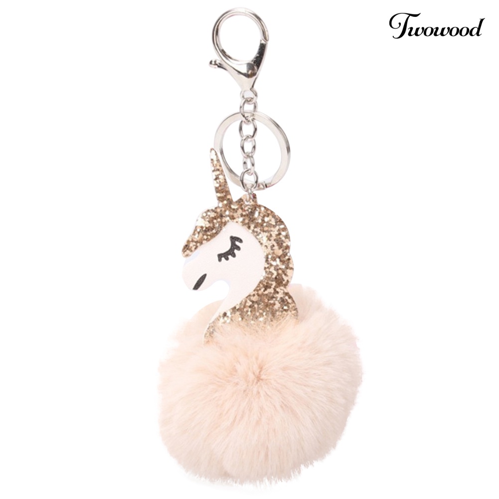 Twowood Lucu Shiny Sequin Unicorn Keychain Faux Fur Ball Keyring Bag Gantung Liontin