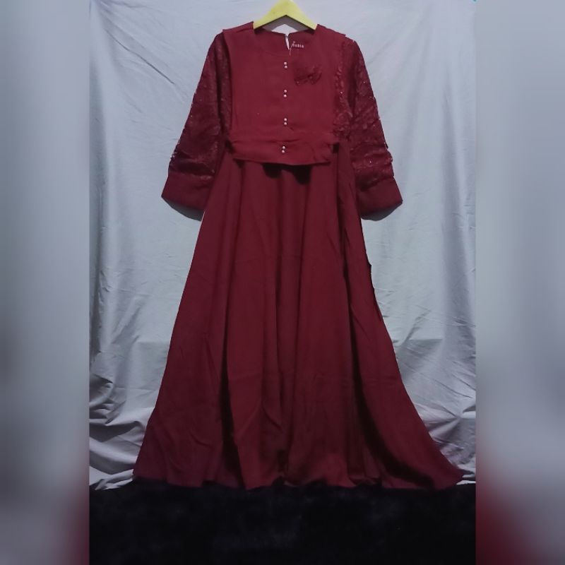 gamis taris busana brukat mix moscrepe marun mutiara