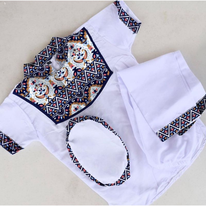 Promo setelan koko batik terbaru anak laki laki usia 1 sampai 10 tahun free peci/baju koko anak/koko anak/kurta anak/koko pakistan/gamis anak/jubah anak-Batik new putih