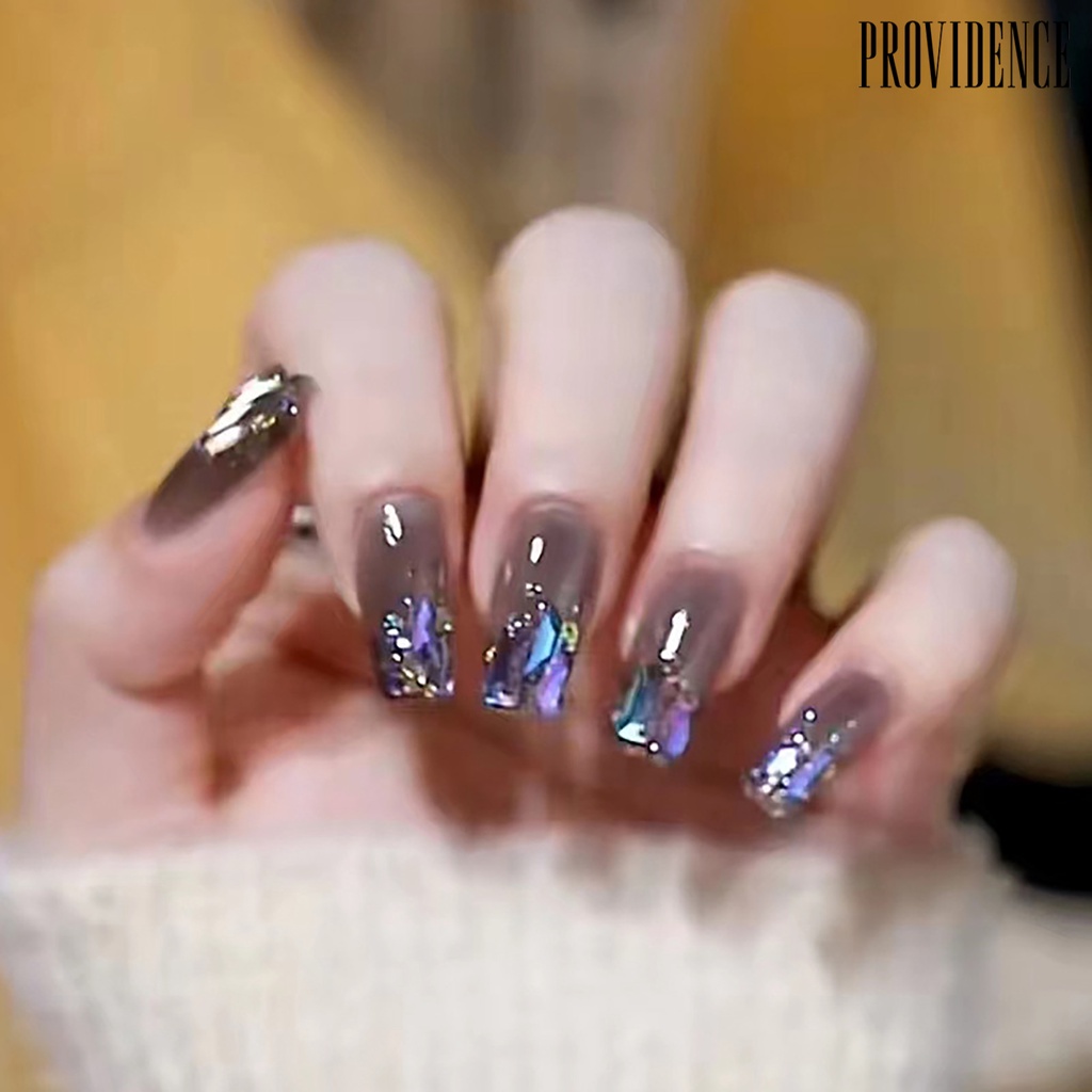 Providence 1set Kuku Palsu Pecah Berlian Imitasi Mudah Dihapus Mid Length Persegi Panjang DIY Nail Art Manis Penutup Penuh Tekan Tips Kuku Perlengkapan Manicure