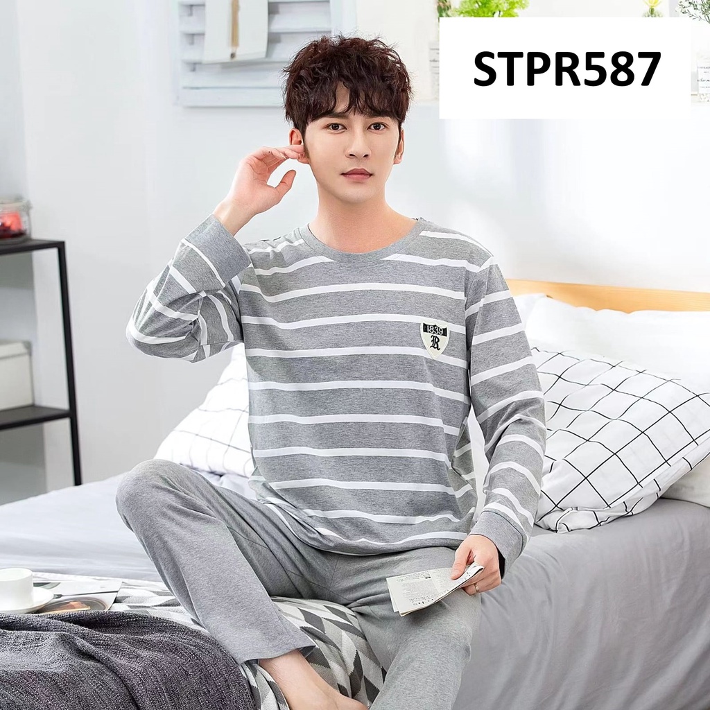 Piyama Pria Baju Tidur Pria Lengan Panjang Celana Panjang Stripe Grey