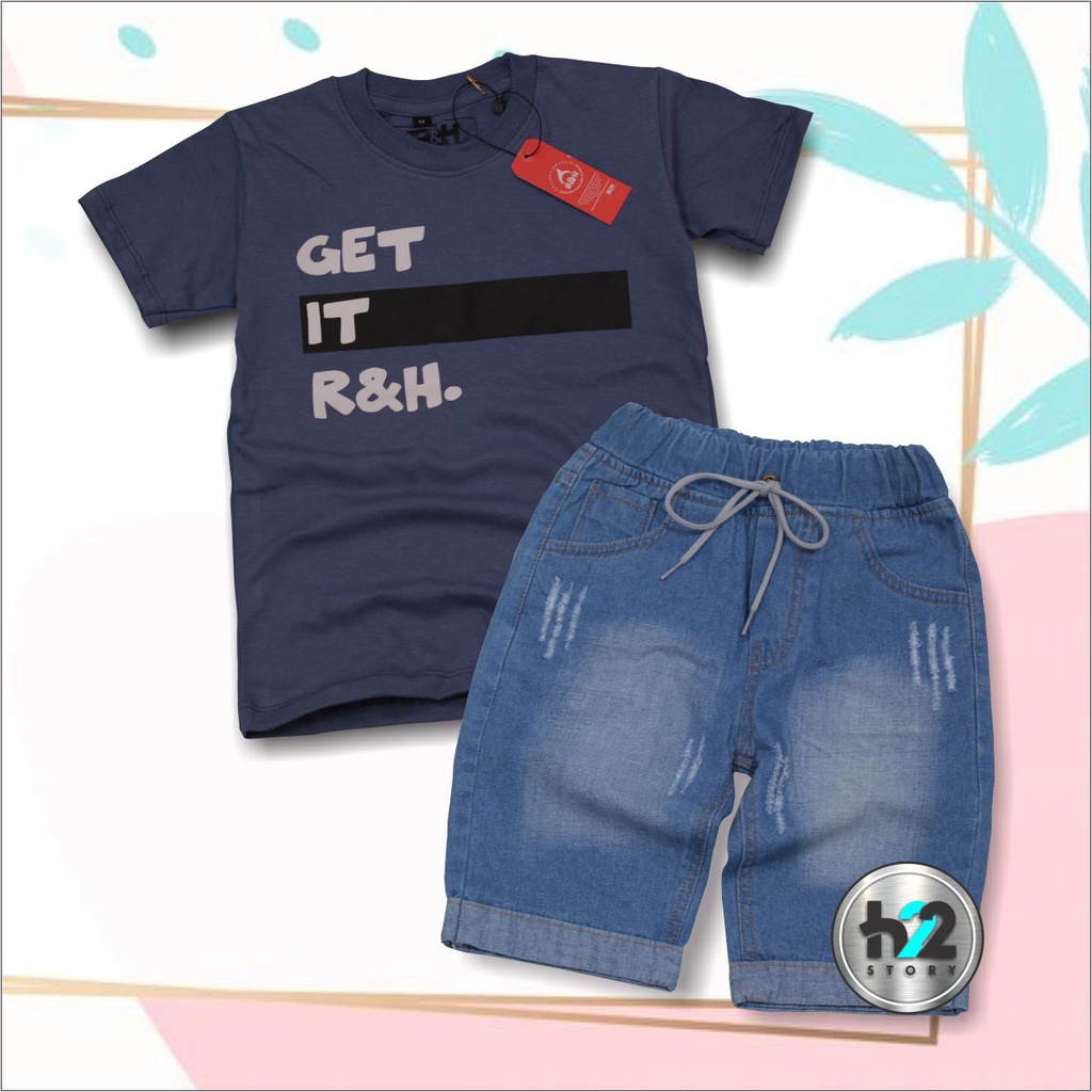 Setelan Anak Celana Jeans / Setelan Jeans Anak Laki Laki /  Setelan Kaos Distro Anak Celana Jeans Pendek Usia 3-12 Tahun / By H22Story