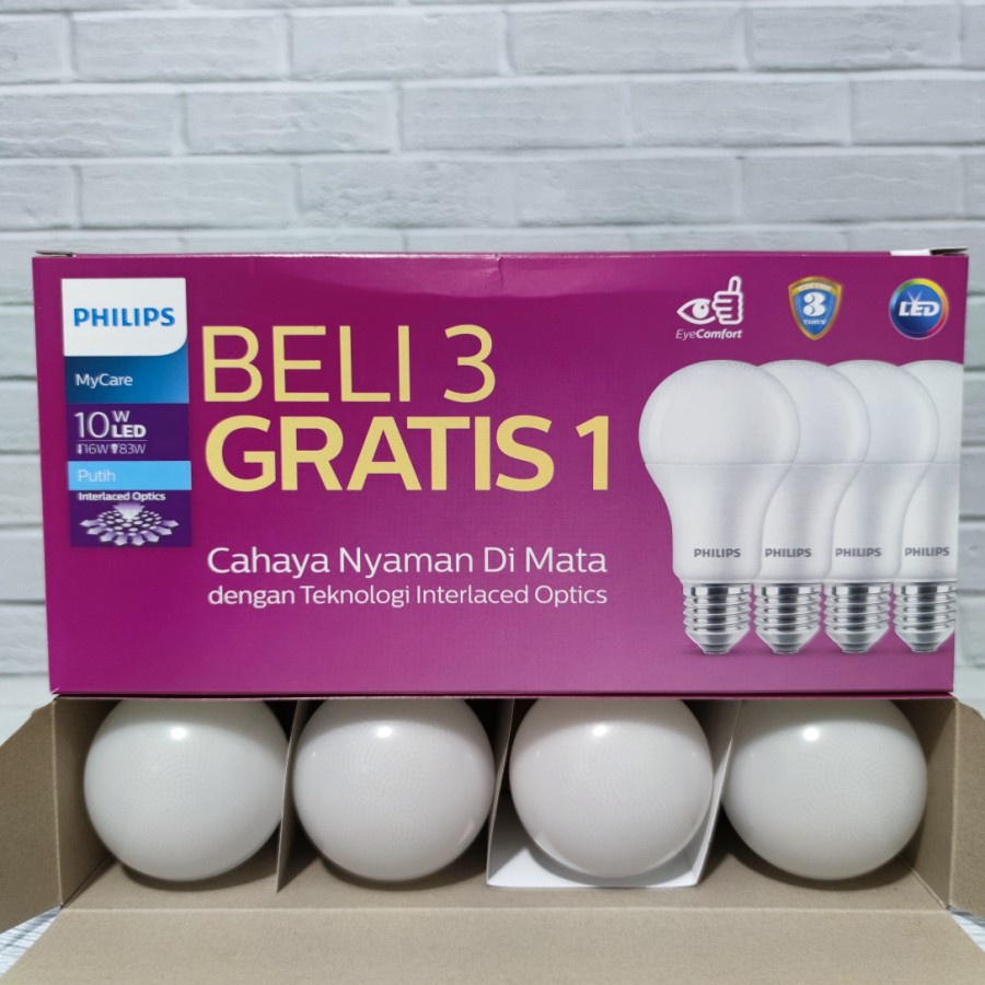 Paket Bohlam Lampu Philips LED Mycare 10W 10 Watt Isi 4 pcs Putih