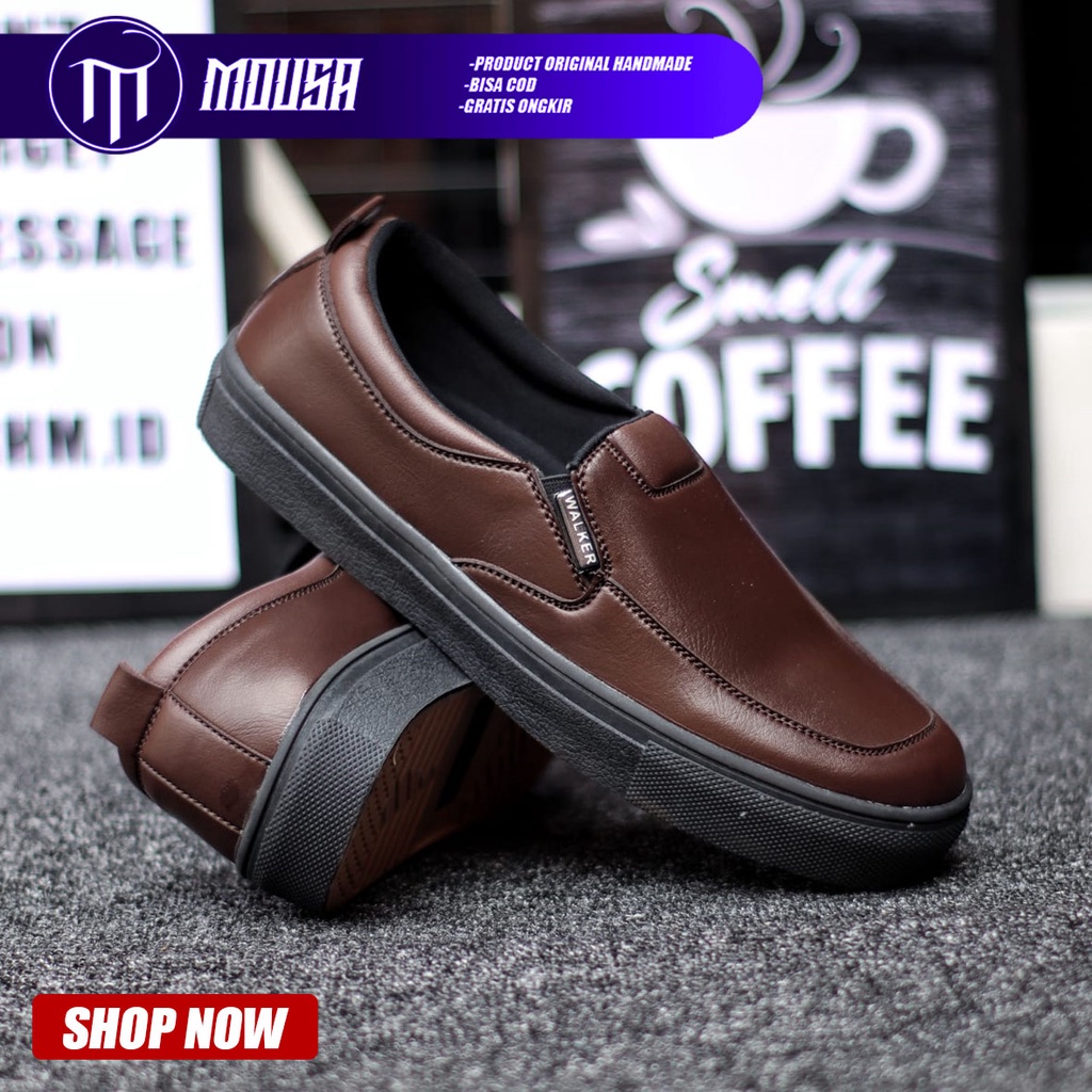 Sepatu Pria Slip On Formal Hitam Kulit Pu Slop Casual Kasual Cowok / Cowo Kerja Kantor Mousa Albd