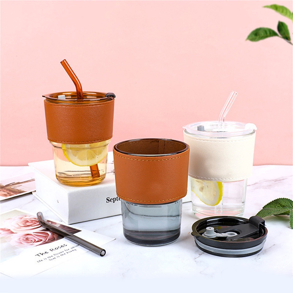 Gelas Kaca Mug Kaca Korean Style - Cup Kopi Teh + Sedotan Kaca & Grip Leather Korean Style 320ML