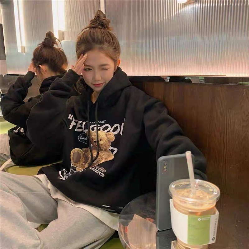 Promo COD Hoodie Couple Pasangan Pria Wanita Brown Bear Men &amp; Women Casual Oversize Hoodies Long Sleeve Pullovers Thicken Couple Hoodie Hooded Sweater Velvet Couple Clothes