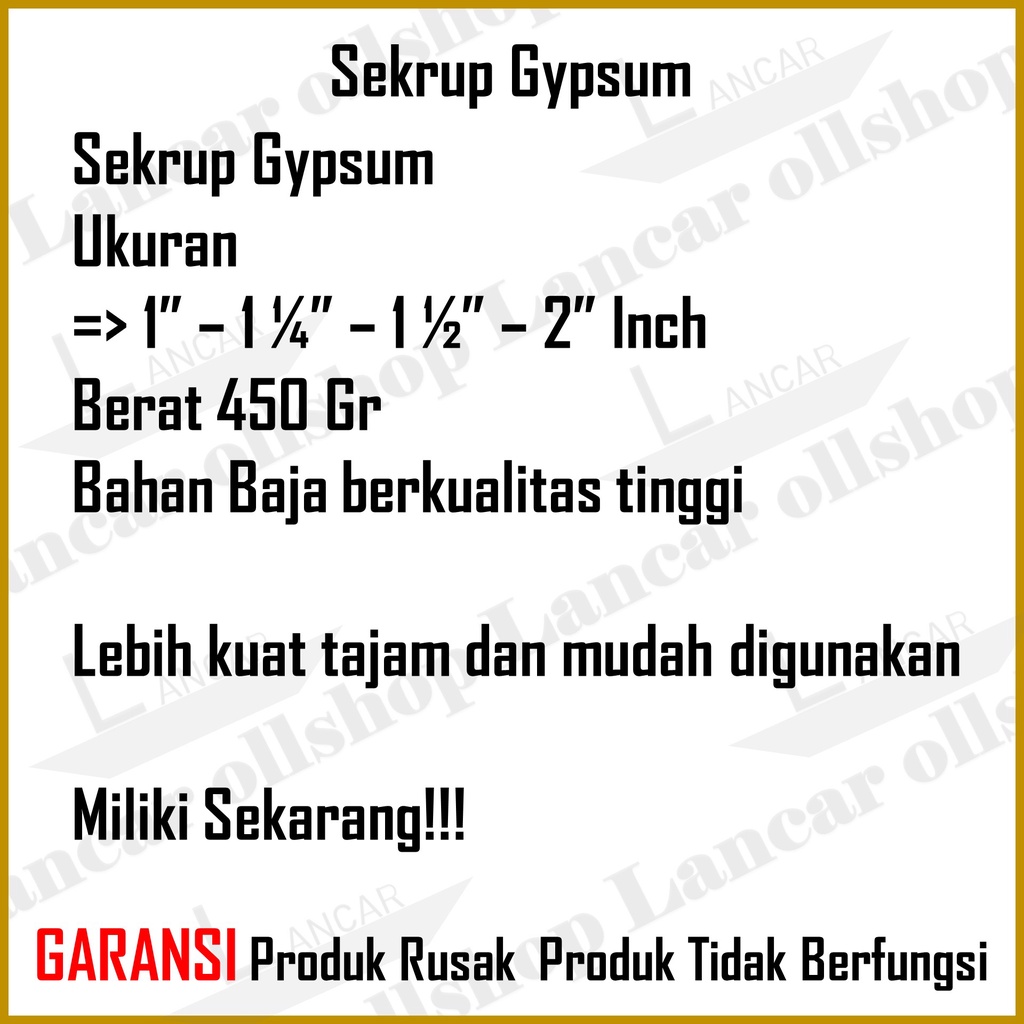 Sekrup Gypsum Baja / Baut Skrup Kayu Drywall Screw / Sekrup gypsum drywall skrup 1 dus Termurah
