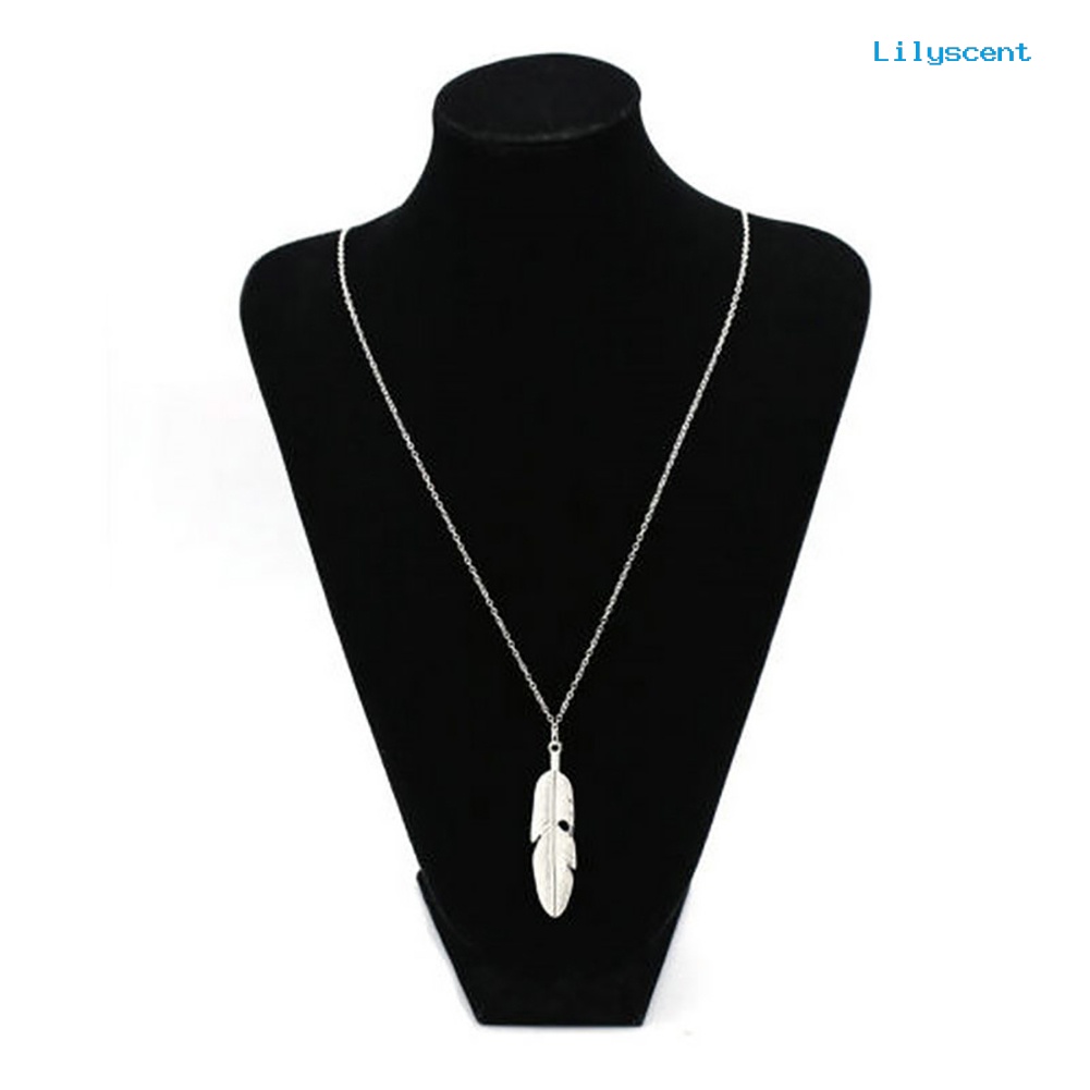 [LS] Kalung Rantai Panjang Liontin Daun Bulu Etsa Vintage Simple Wanita