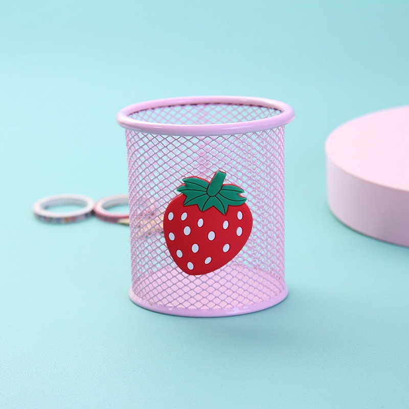 Pink Square Round Shape Milk Peach Banana Pattern Metal Hollow Out Storage Pen Holder for Student Gift