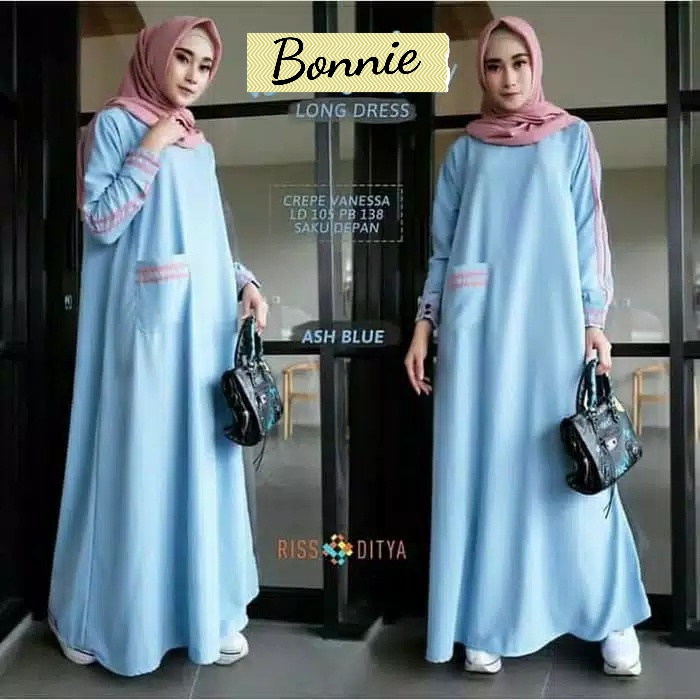 Bonnie - Bisa COD Baju Gamis Wanita Long Dress Maxy Maxi Panjang Kekinian Saku Kantong Depan Warna P
