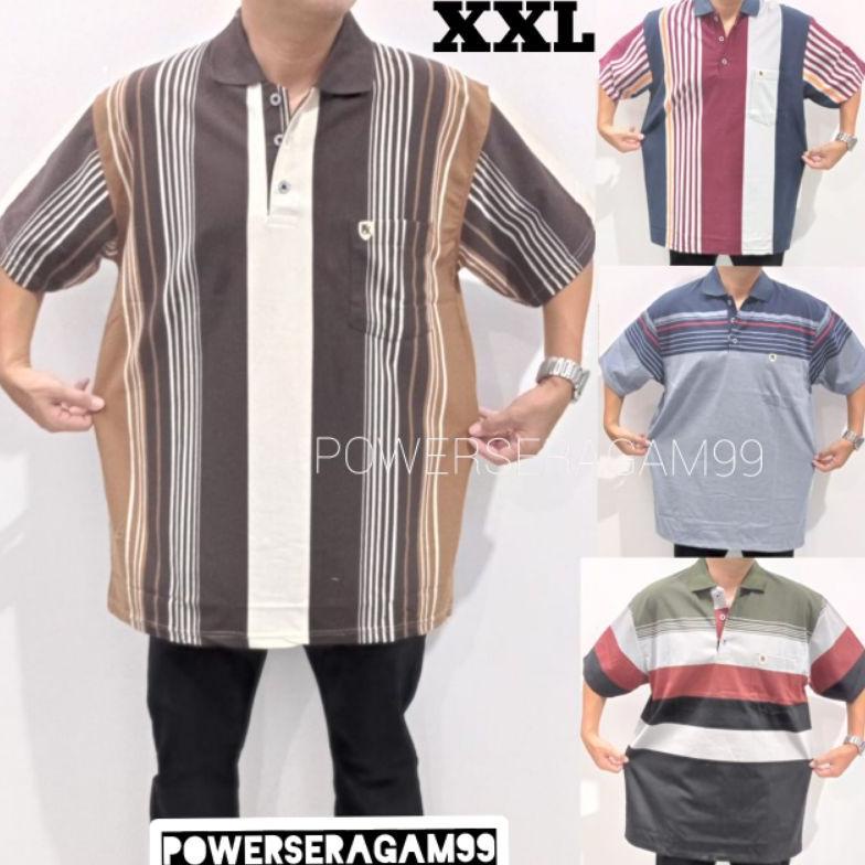 New Kaos Kerah Motif Salur Xxl / 3L Bigsize Kaos Kerah Wangky Ukuran Besar Kaos Katun Salur Kebawah 