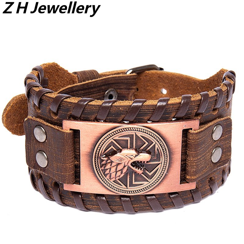 [Z H Perhiasan] Hip Hop Rock Retro Pria Fashion Stainless Steel Viking Serigala Kepala Rune Gelang Kulit Pesta Perhiasan Aksesoris